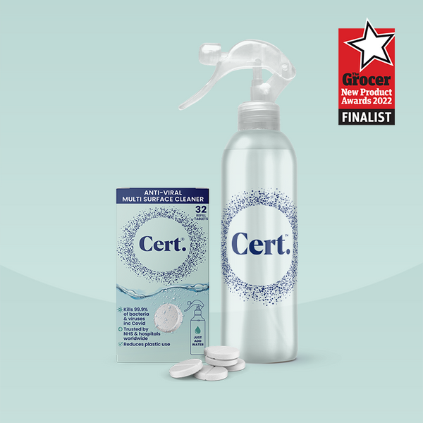 Cert surface spray starter kit with 1 spray bottle and 32 dissolvable cert tablets